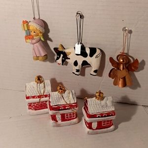 Precious Moments Copper Angel Discovery Channel Cow 3 log  cabins ornaments VTG